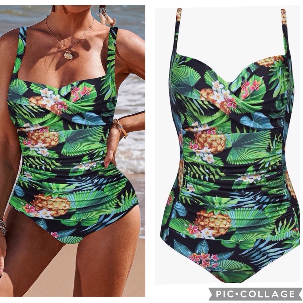 Ekouaer ‘Pat5 Black/Green Leaves’ One-Piece Ruched Retro Swimsuit - Picture 2 of 11